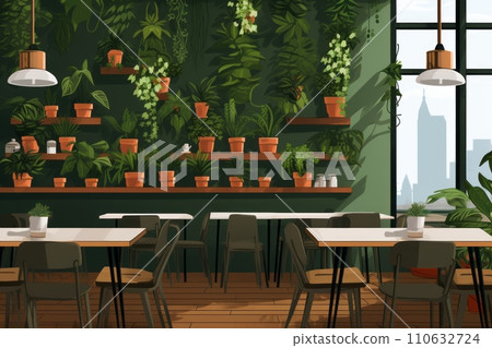 Illustration of a modern cafe or restaurant with a living wall of greenery, biophilic design, vertical gardening, eco friendly green nature design landscape in building Illustration of a modern cafe or restaurant with a living wall of greenery, biophilic design, vertical gardening, eco friendly green nature design landscape in building 110632724