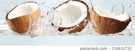 Coconut in a splash of water and coconut juice on a blue background, banner Coconut in a splash of water and coconut juice on a blue background, banner 110632732