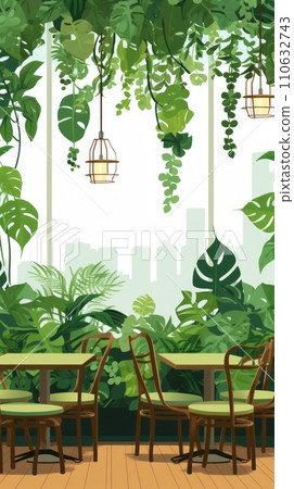 Illustration of a modern cafe or restaurant with a living wall of greenery, biophilic design, vertical gardening, eco friendly green nature design landscape in building 110632743