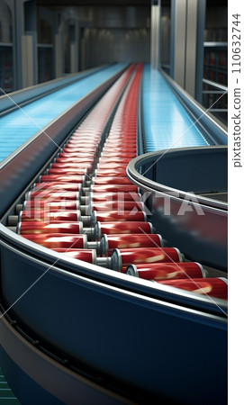 Canned food factory, cans with their contents move on a conveyor belt for labeling and marking Canned food factory, cans with their contents move on a conveyor belt for labeling and marking 110632744