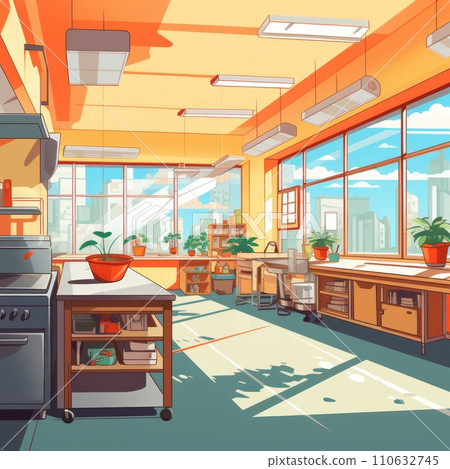 Illustration of an empty school or university kitchen with large windows and cooking utensils 110632745