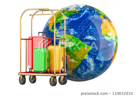 Earth Globe with hotel luggage trolley cart with baggage. 3D rendering Earth Globe with hotel luggage trolley cart with baggage. 3D rendering 110632810