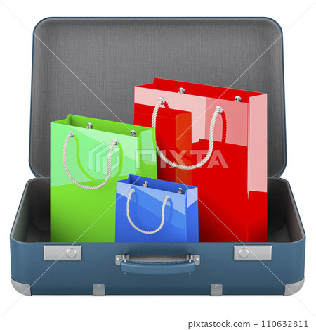 Shopping Tour, concept. Shopping bags inside suitcase. 3D rendering 110632811