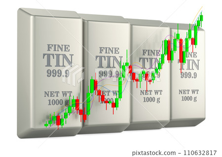 Tin ingots with candlestick chart, showing uptrend market. 3D rendering 110632817