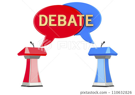 Debate, concept with microphones and tribunes. 3D rendering 110632826