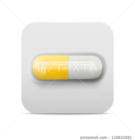Vector Realistic Pharmaceutical Medical Yellow and White Pill, Vitamins, Capsule in Blister Closeup Isolated. Pill in Blister Packaging Design Template. Front View. Medicine, Health Concept 110632882