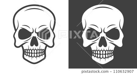 Vector Black and White Skull Icon Set Closeup Isolated. Skulls Collection with Outline, Cut Out Style in Front View. Hand Drawn Skull Head Design Template 110632907