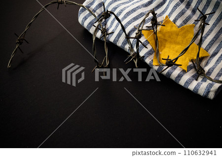 Jewish prisoner with yellow badge on dark background. International Holocaust Remembrance Day 110632941