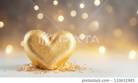 Golden cookie in the shape of a heart with confetti on a light background, glitter, flat lay 110632985