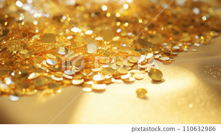 Glitter texture of yellow sparkles laying on the table. Golden peaces of plastic sequins 110632986