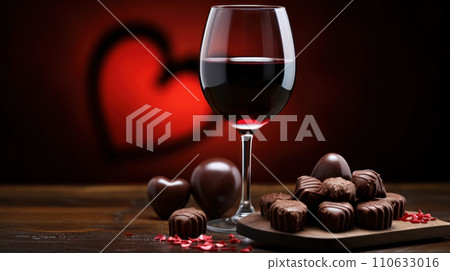Promotional shot of glass of red wine, heart-shaped chocolates, valentine's day, glow, on a clean background Promotional shot of glass of red wine, heart-shaped chocolates, valentine's day, glow, on a clean background 110633016