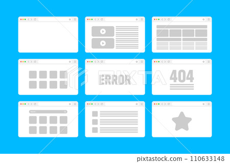 Web browser window, pages layout with toolbar and search field. Modern website, internet page in flat style. Browser mockup for computer, tablet and smartphone. Adaptive UI. Vector illustration 110633148