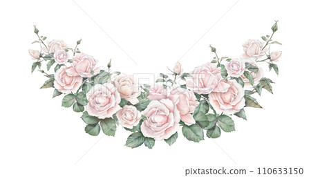 Watercolor frame illustration white cream rose and green leaves isolated on white background. Border hand painted natural plant twigs with light peach fuzz color roses rose for design postcards 110633150