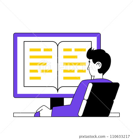 Book reading concept with cartoon people in flat design for web. Man reads e-book at computer screen, researching electronic textbooks. Vector illustration for social media banner, marketing material. 110633217