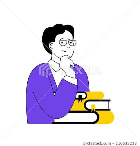 Book reading concept with cartoon people in flat design for web. Man student with stacks of textbook preparing to exam at university. Vector illustration for social media banner, marketing material. Book reading concept with cartoon people in flat design for web. Man student with stacks of textbook preparing to exam at university. Vector illustration for social media banner, marketing material. 110633238