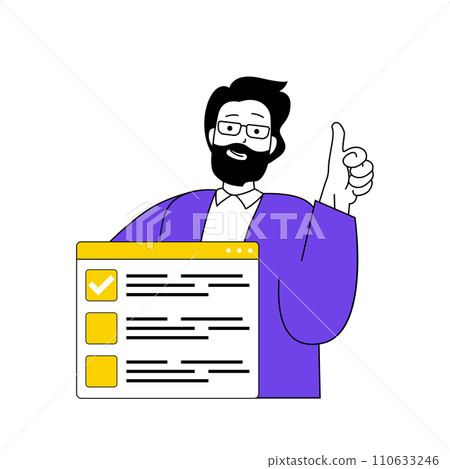Online voting concept with cartoon people in flat design for web. Man takes part in election, choosing his candidates in vote form. Vector illustration for social media banner, marketing material. Online voting concept with cartoon people in flat design for web. Man takes part in election, choosing his candidates in vote form. Vector illustration for social media banner, marketing material. 110633246
