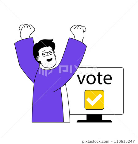 Online voting concept with cartoon people in flat design for web. Happy man takes part in election, supporting his political candidate. Vector illustration for social media banner, marketing material. Online voting concept with cartoon people in flat design for web. Happy man takes part in election, supporting his political candidate. Vector illustration for social media banner, marketing material. 110633247
