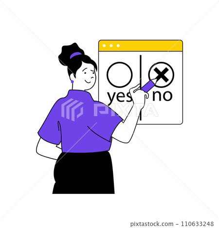 Online voting concept with cartoon people in flat design for web. Woman takes part in election, making decision with tick in vote form. Vector illustration for social media banner, marketing material. Online voting concept with cartoon people in flat design for web. Woman takes part in election, making decision with tick in vote form. Vector illustration for social media banner, marketing material. 110633248
