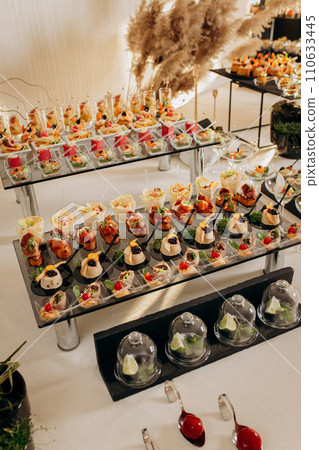 Assortment of delicious snacks on the open buffet festive table in restaurant. Catering plate Assortment of delicious snacks on the open buffet festive table in restaurant. Catering plate 110633445