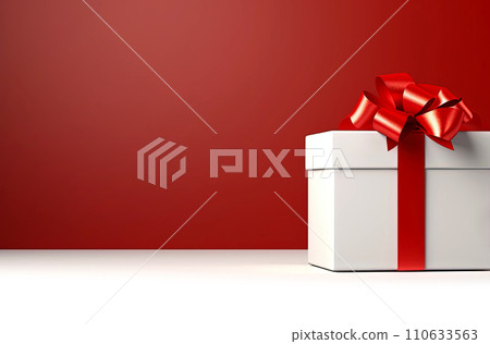 Elegant white gift box with a radiant red bow on a vibrant red background. Elegant white gift box with a radiant red bow on a vibrant red background. 110633563