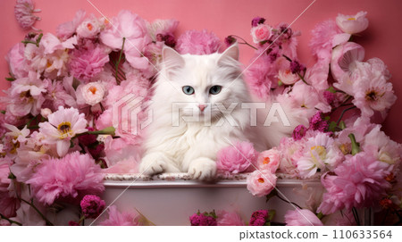 White cat with blue eyes on a pink background with flowers. White cat with blue eyes on a pink background with flowers. 110633564