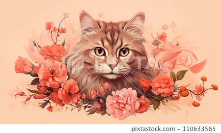 Cute cat with flowers on pink background. Digital art painting. Cute cat with flowers on pink background. Digital art painting. 110633565
