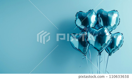 Foil air balloons on pastel blue background. Valentine's Day or wedding party decoration. 110633638