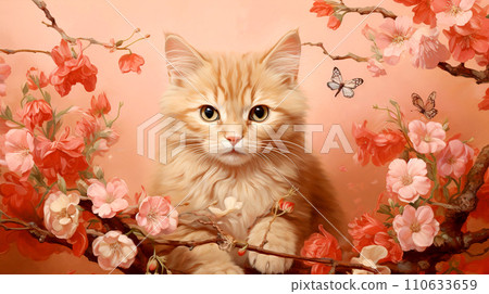 A small kitten on a branch of a flowering tree. 110633659
