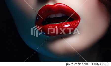 Close-up of lips of a beautiful woman with bright red lipstick.  110633660