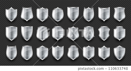 Set of various vintage 3d metal shield icons. Shiny steel heraldic shields. Black protection and security symbol, label. Vector illustration Set of various vintage 3d metal shield icons. Shiny steel heraldic shields. Black protection and security symbol, label. Vector illustration 110633748