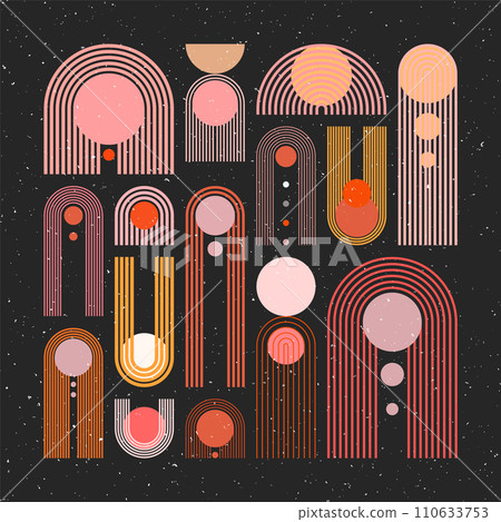 Mid century arch, circle elements, modern geometric shapes with grunge texture. Contemporary design, minimalist art. Trendy design elements for wall decor, posters, books, covers. Vector illustration Mid century arch, circle elements, modern geometric shapes with grunge texture. Contemporary design, minimalist art. Trendy design elements for wall decor, posters, books, covers. Vector illustration 110633753