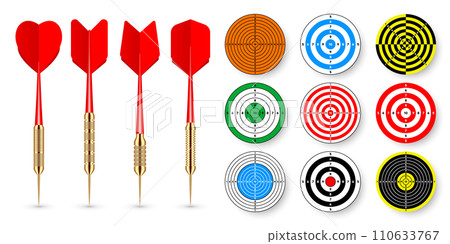 Paper targets with dart arrows and shadows. Shooting range round target, divisions, marks and numbers. Gun shooting practise and training, sport competition. Bullseye and aim. Vector illustration 110633767
