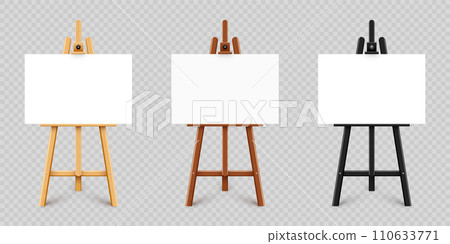 Realistic paint desk with blank white canvas. Black wooden easel and a sheet of drawing paper. Presentation board on a tripod. Artwork mockup, template. Vector illustration 110633771