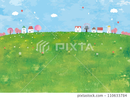 草地和櫻花樹的城市景觀水彩畫 110633784