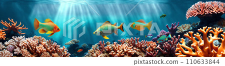 Banner with ocean reef with corals and fish 110633844