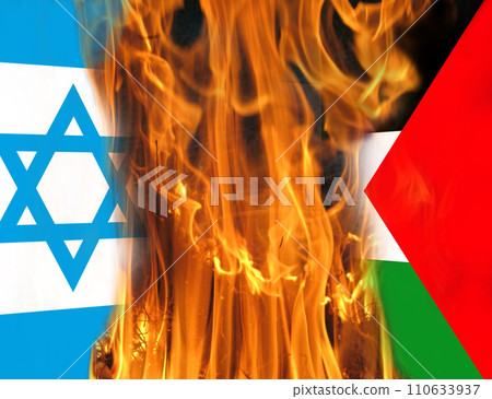 Israeli Palestinian conflict. Flag of Palestine and Israel burning in flames 110633937
