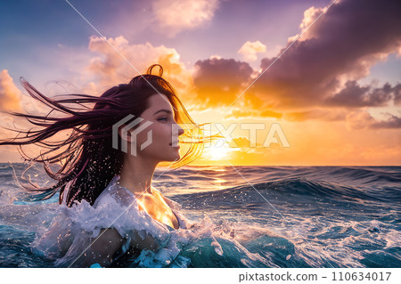 Beautiful girl among the sea waves 110634017