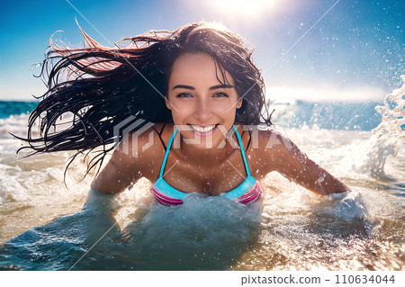 Beautiful girl among the sea waves 110634044