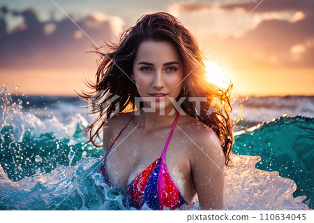 Beautiful girl among the sea waves Beautiful girl among the sea waves 110634045