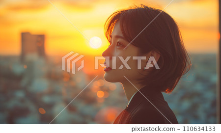 AI image of a woman looking at the city from her office window 110634133