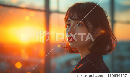 一位女士從辦公室窗戶眺望城市的 AI 影像 110634137