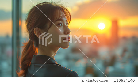 AI image of a woman looking at the city from her office window 110634140