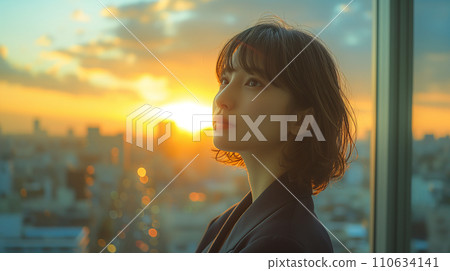 AI image of a woman looking at the city from her office window 110634141