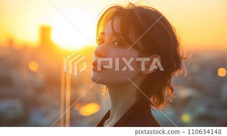 一位女士從辦公室窗戶眺望城市的 AI 影像 一位女士從辦公室窗戶眺望城市的 AI 影像 110634148