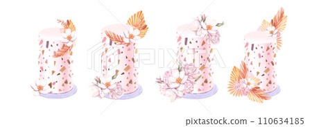 Sweet cake dessert for bakery watercolor logo. Illustration hand painted for birthday decorations and creating logo design. Isolated collection for wedding wreath, bouquet frames, design elements. 110634185