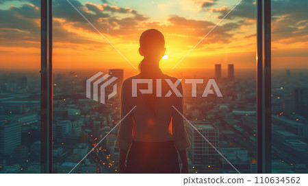 AI image of a woman looking at the city from her office window 110634562