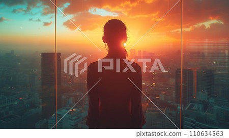 AI image of a woman looking at the city from her office window 110634563