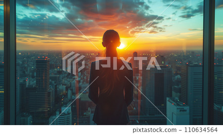 AI image of a woman looking at the city from her office window 110634564