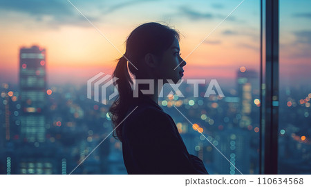AI image of a woman looking at the city from her office window 110634568