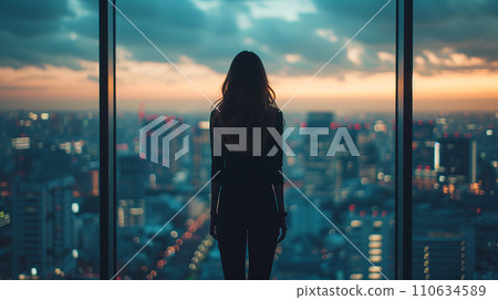 AI image of a woman looking at the city from her office window 110634589
